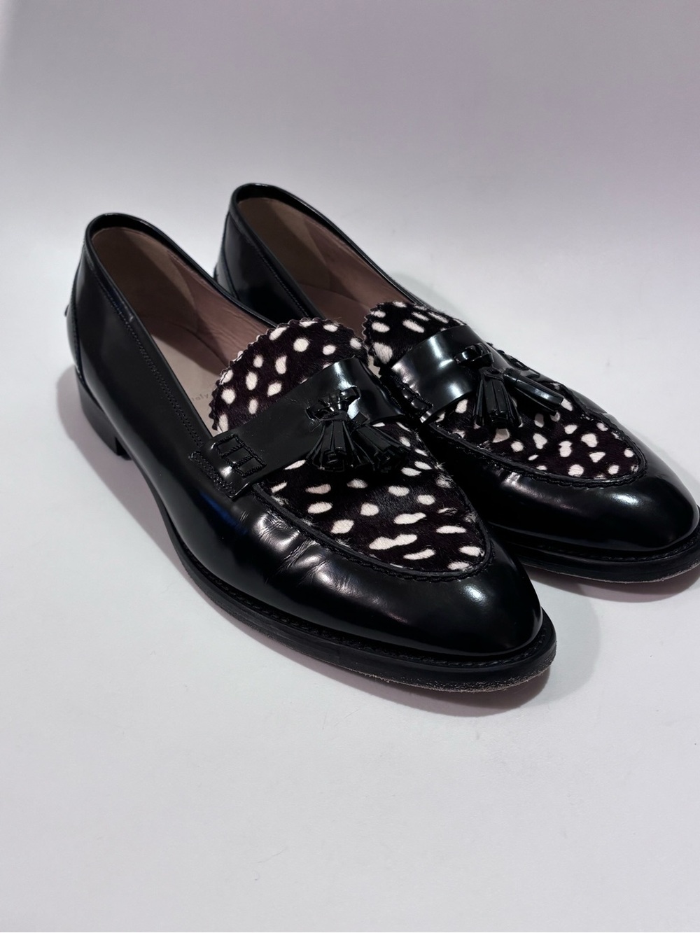 J. Crew Biella Luxury Black Leather Tassel with Spotted Calf Hair Loafers